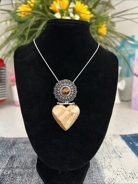 Sterling Silver Jasper Tiger Eye Heart Pendant Necklace